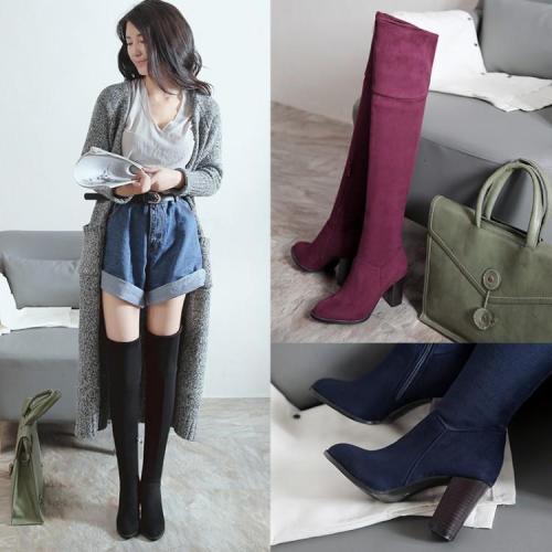 Elastic Flock Thigh High Boots High Heels Shoes for Woman 6262