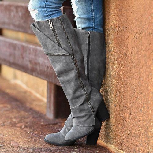 Women Round Toe Zipper Artificial Suede Chunky Heel Casual Knee Boots