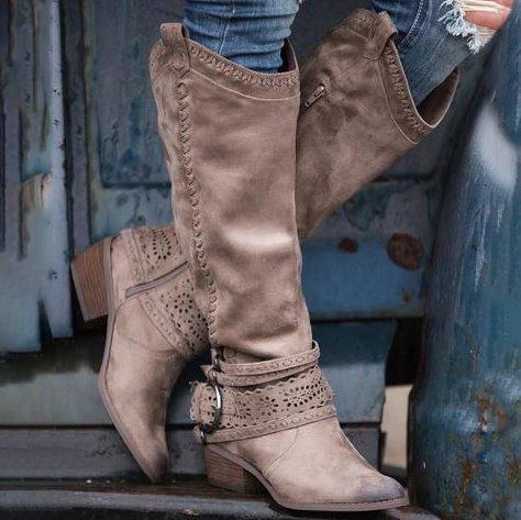 Light Khaki Suede Hollow-Out Casual Low Heel Spring/fall Boots