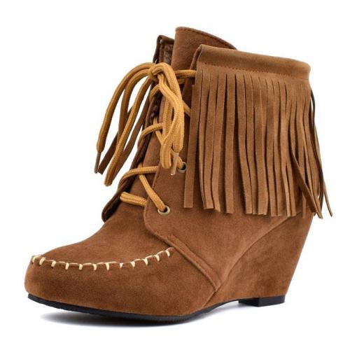 Lace-Up Wedge Heel Tassel Fringe Faux Suede Boots