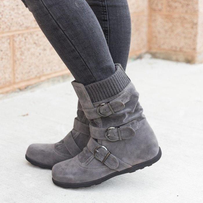 Cushioned Low-Calf Buckled Boots Low Heel Knitted Fabric Zipper Slip On Boots