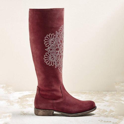 Women Winter Zipper Floral Print Suede Boots