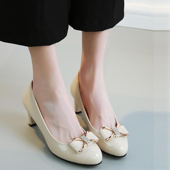 Elegant Pure Color Thick Heel Shoes With Bow-Knot