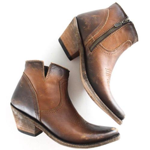 Vintage Stylish Pointed Toe Block Heel Ankle Boots Slip-On Women's Boots