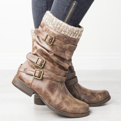 Women Round Toe Slide Chunky Heel Spring Buckle Casual Boots