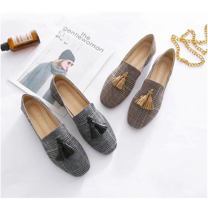Fringe Loafers for girls Fashion Gingham Flats shoes women Slip-on Soft Canvas Lazy shoes Designer Flats luxury 2021