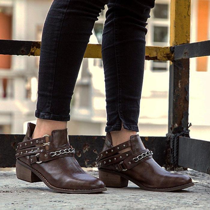 Brown Round Toe Med (3-8Cm) Chunky Heel Women Boots
