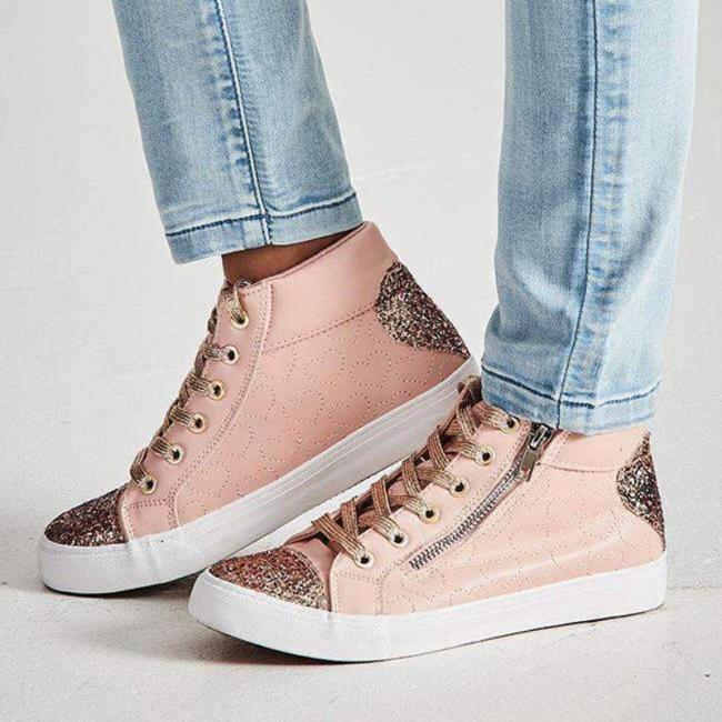Women Round Toe Lace Up Flat Heel Sequin Casual Sneakers