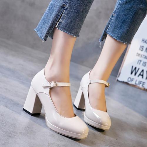 Elegant Pure Color Buckle Thick Heel Shoes