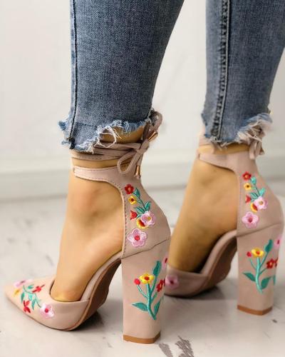 Floral Embroidered Pointed Toe Chunky Heeled Sandals