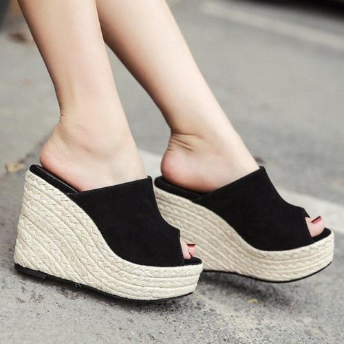 Womens Peep Toe Black Wedge Heel Casual Sandals