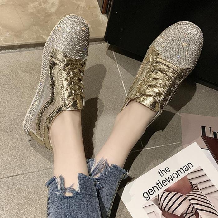 Tangnest New Loafers Women Platform Flats Faux Rhinestone Sneakers Lace-up Silver Solid Creepers Mujer Casual Flat Shoes XWD7708