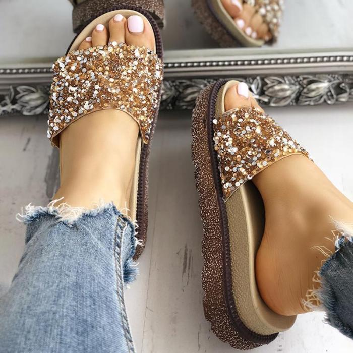 Women Platform Slippers Shiny Sequins Embellished Open Toe Sandals
