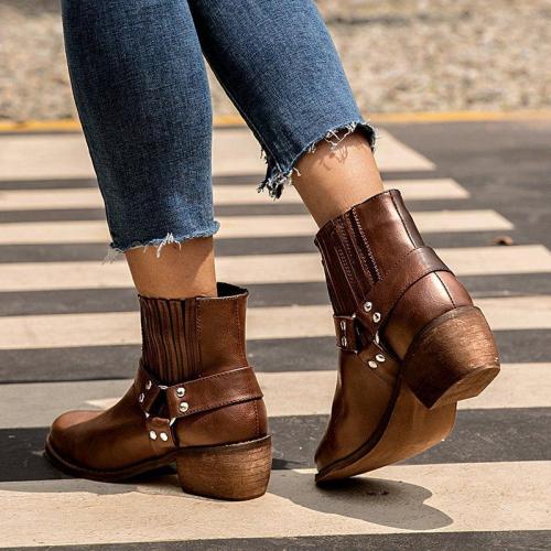 Brown Med (3-8Cm) Women Chunky Heel Round Toe Boots