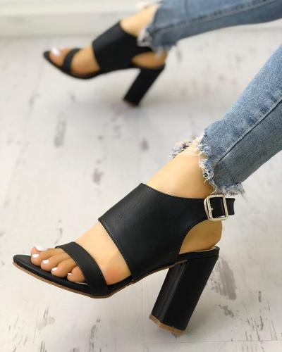 Solid Open Toe Buckled Chunky Heeled Sandals