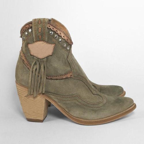Chunky Heel Faux Suede Rivet Boots Fringe Ankle Boots