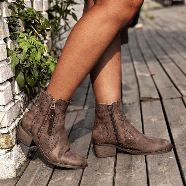 Taupe Med (3-8Cm) Chunky Heel Round Toe Women Boots