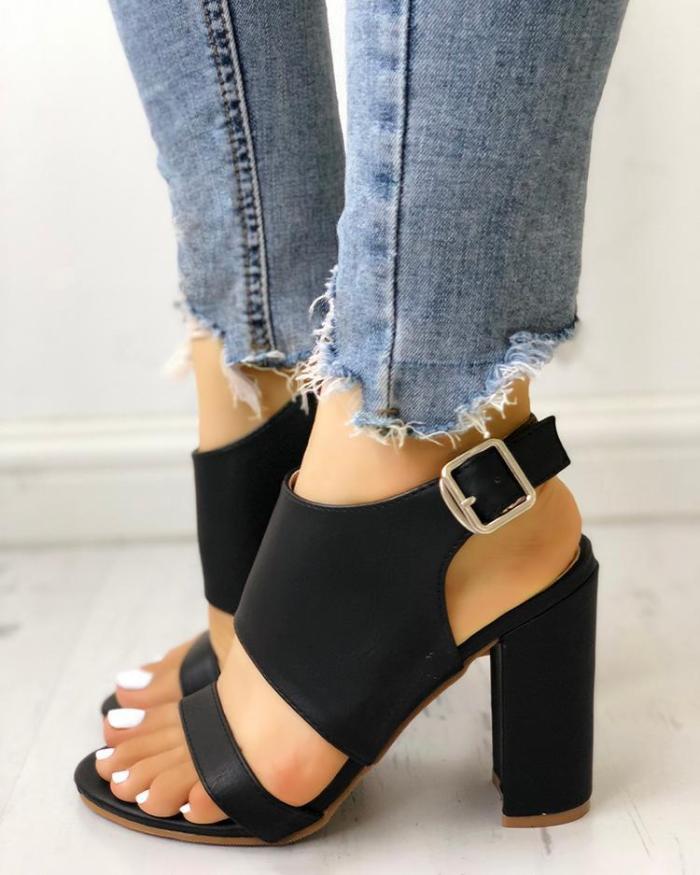 Solid Open Toe Buckled Chunky Heeled Sandals