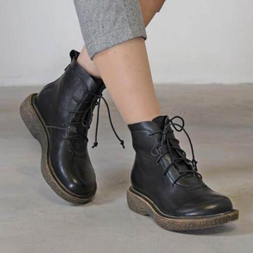 Flat Heel Pu Lace-Up All Season Boots Ankle Short Boots