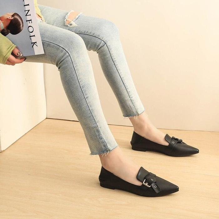 2019 Spring New Women's Shoes Fashion OL Belt Buckle Korean Pointed Toe Flat Shoes Lazy White Casual Work Office Shoes YX0027