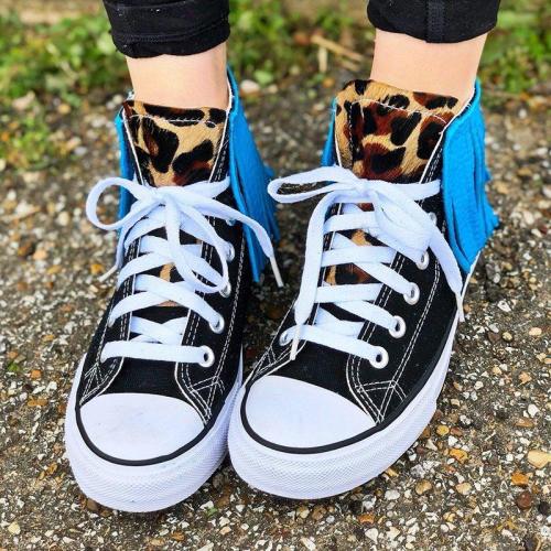 Tassel Leopard Printed Lace Up Canvas Sneakers