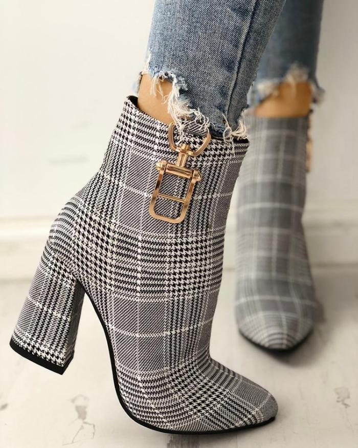 Houndstooth Print Metallic Decorated Chunky Boots