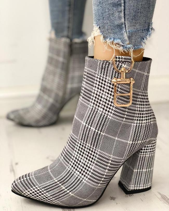 Houndstooth Print Metallic Decorated Chunky Boots