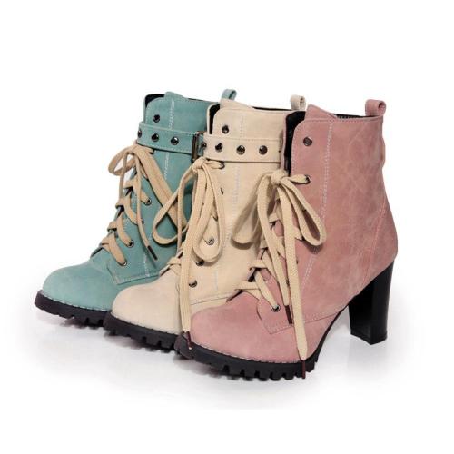 Lace Up High Heels Short Motorcycle Boots Plus Size Women Shoes 6690
