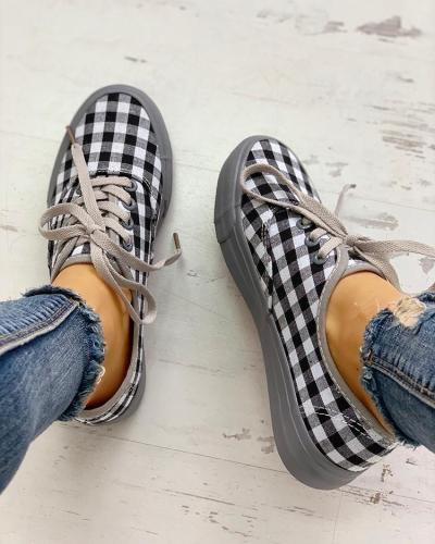 Plaid Insert Lace-Up Casual Sneakers