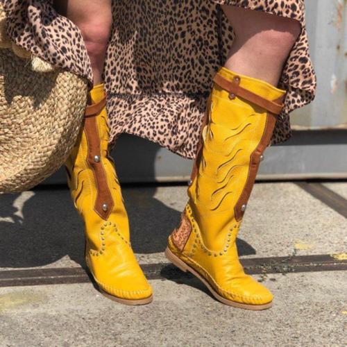 Plus Size Leather Boho Flat Heel Wide Calf Mid Boots
