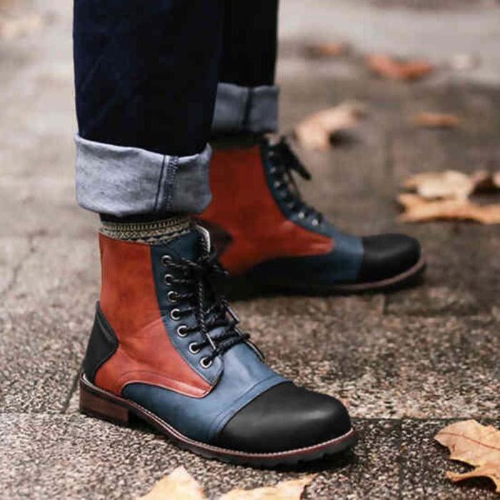 Women Lace Up Round Toe Pu Casual Low Heel Spring Panel Combat Boots