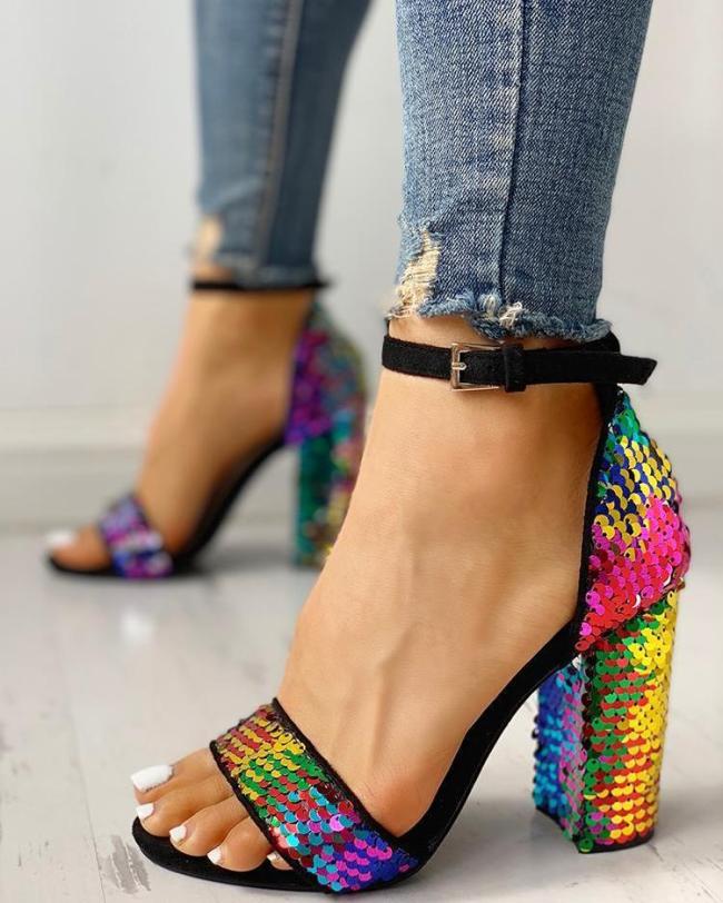 Multicolor Sequin Ankle Strap Chunky Heeled Sandals