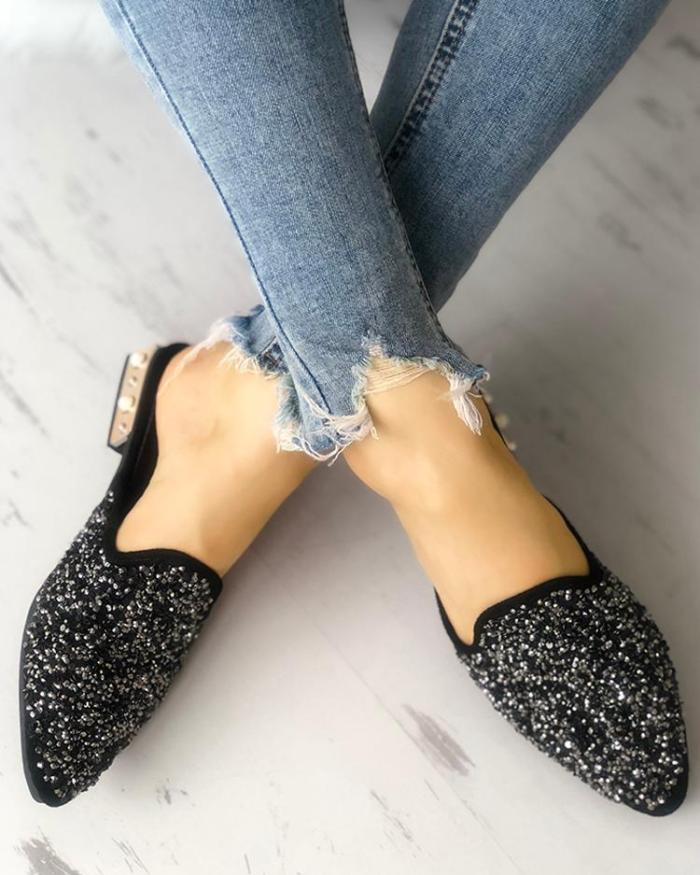 Sequins Embellished Pointed Toe Chunky Sandals