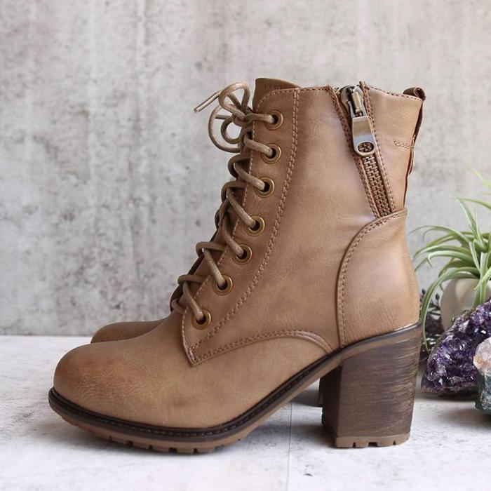 Plus Size Vintage Leather Chunky Heel Martin Boots