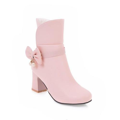 Women's Ankle Boots Autumn and Winter Sweet Bow Thick High-heeled Short Boots Shoes