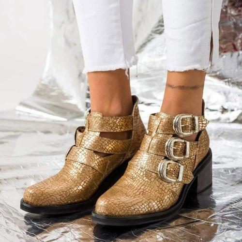 Adjustable Buckle Artificial Leather Boots Cut Out Buckle Booties