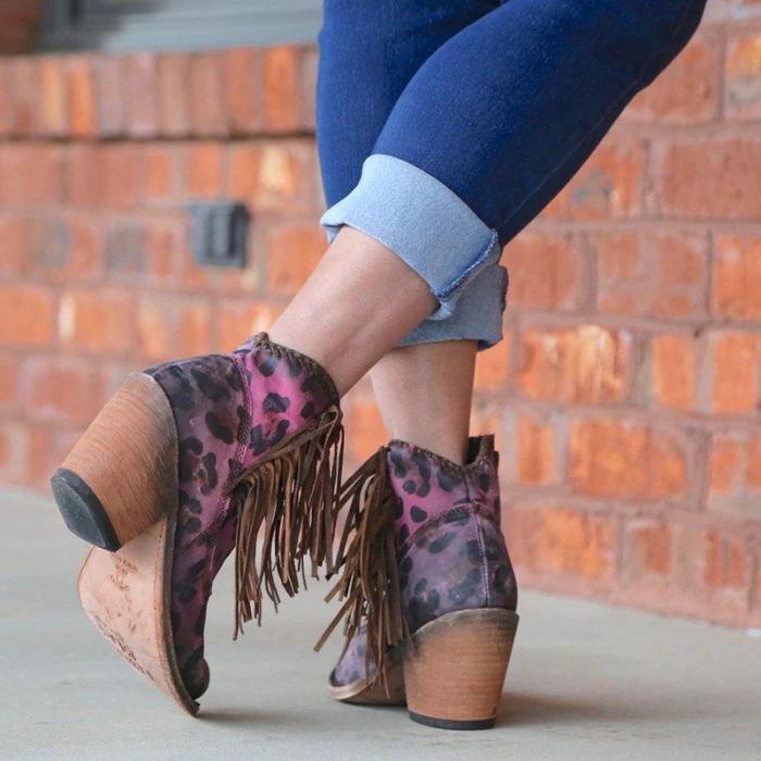 Fashion leopard tassel low heel shoes non-slip boots