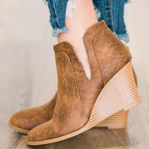 Woman Solid Zipper Pu Wedge Heel Round Toe Ankle Boots