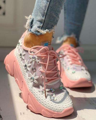 Colorblock Mesh Diamante Trim Lace-Up Sneakers