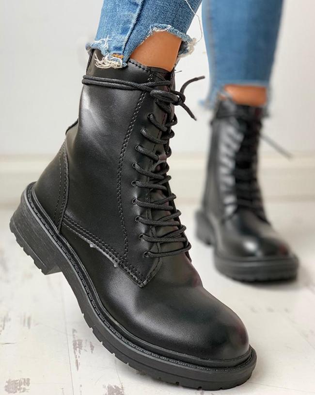 Solid Lace-Up Chunky Heeled Boots