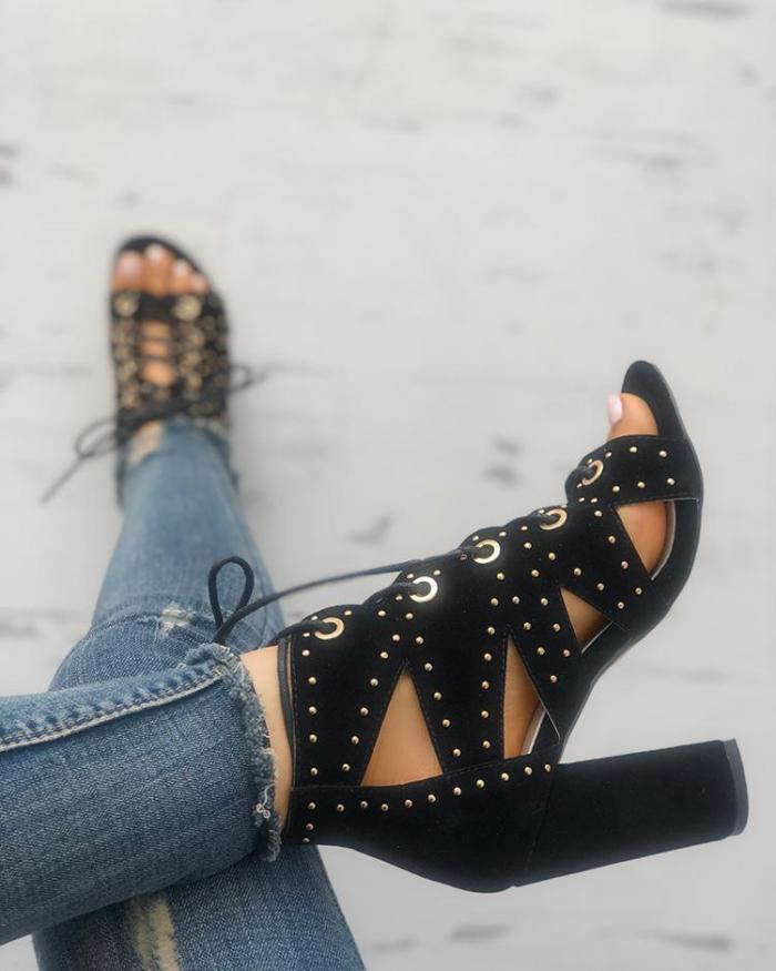Eyelet Lace-Up Strappy Chunky Heeled Sandals
