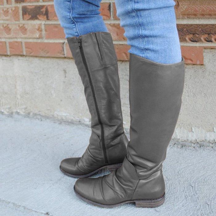 Zipper Pu LeatherLow Heel Womens Long Boots