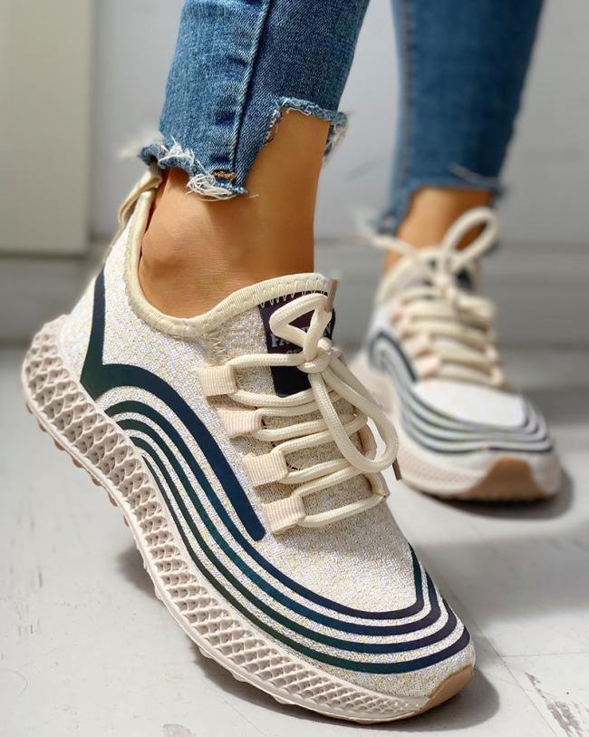 Striped Lace-Up Muffin Casual Sneakers
