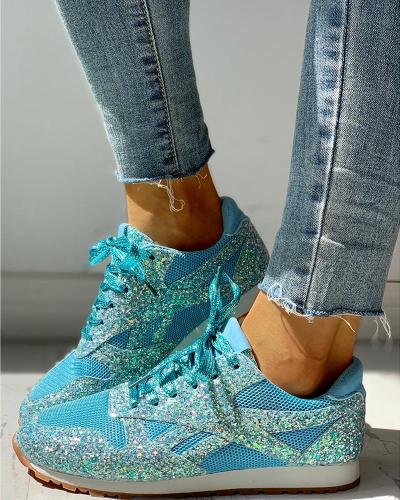 Solid Sequins Lace-Up Sport Sneakers