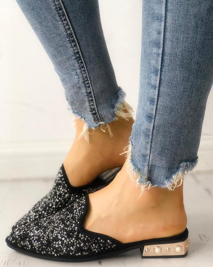 Sequins Embellished Pointed Toe Chunky Sandals