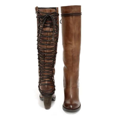 Brown Vintage European Style Casual PU Lace-up Winter Boots