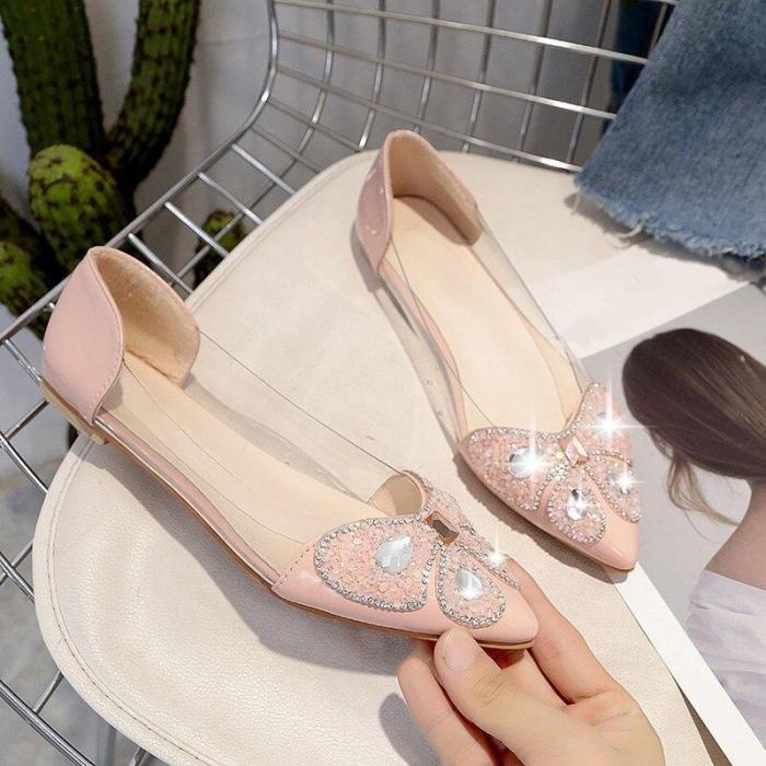 New Spring Ladies Bling Crystal Transparent Pointed Toe Flats Women Fashion Slip On Platform Shoes Female Elegant Footwear