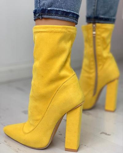 Suede Side Zipper Up Chunky Heeled Boots