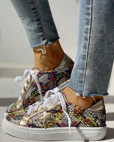 Glitter Lace-Up Star Pattern Casual Sneakers