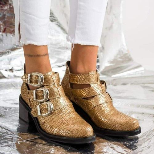 Adjustable Buckle Artificial Leather Boots Cut Out Buckle Booties